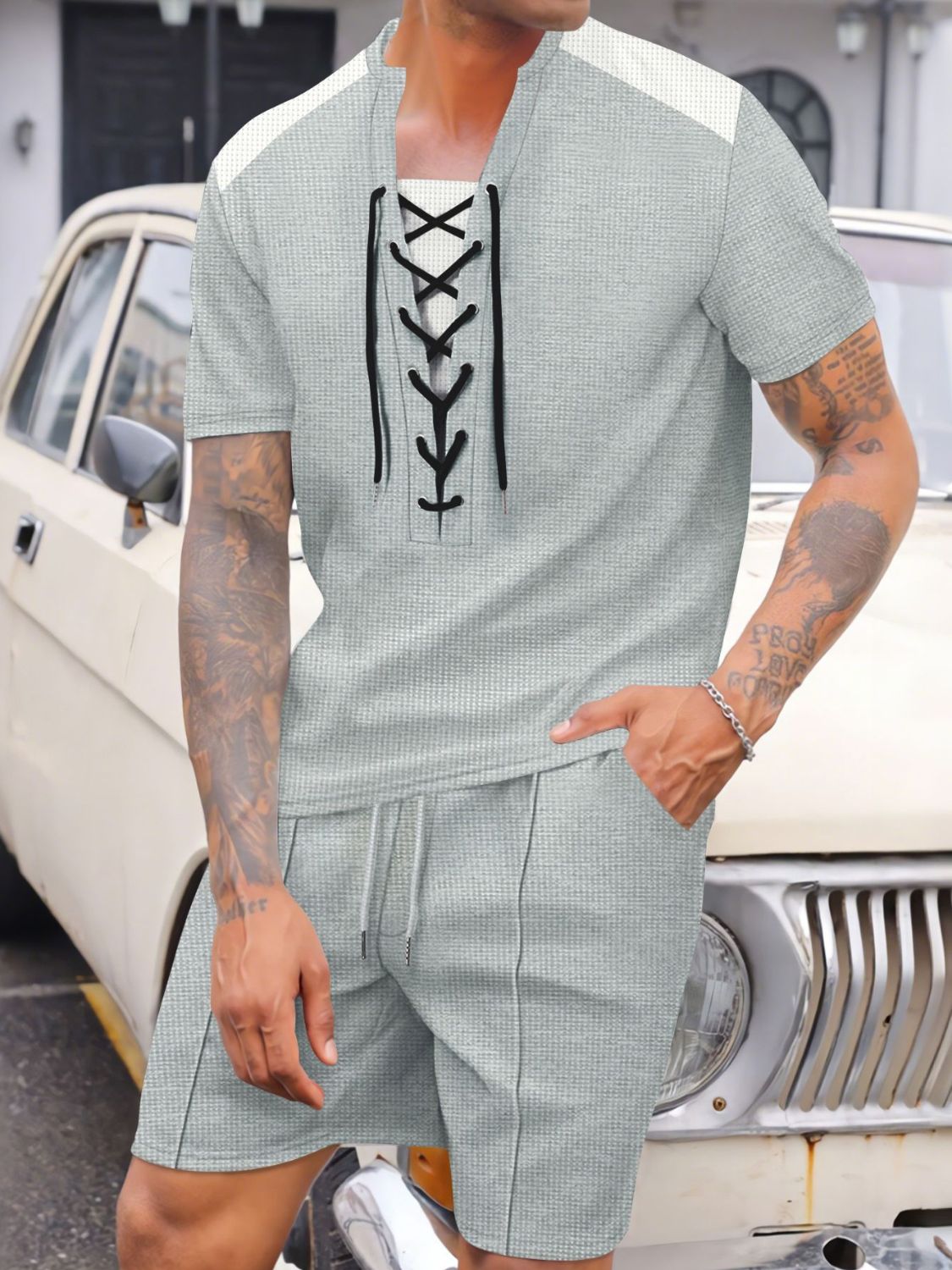 Men's Full Size Lace-Up Waffle Knit Top and Shorts Set Plus Size - Damned Threads